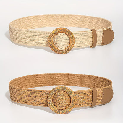 Two women's Spring/Summer Bohemian-Style Straw Belt with Round Buckle